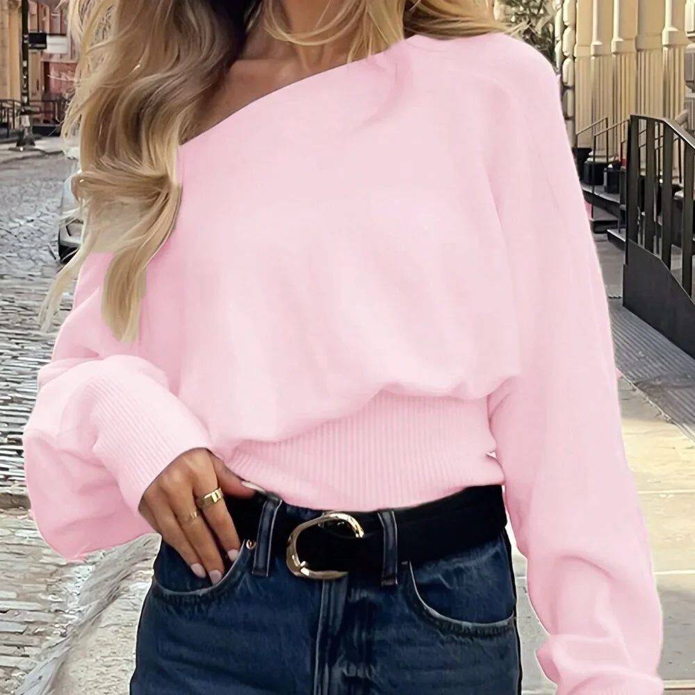 Pink Casual Women's Asymmetric Shoulder Sweater